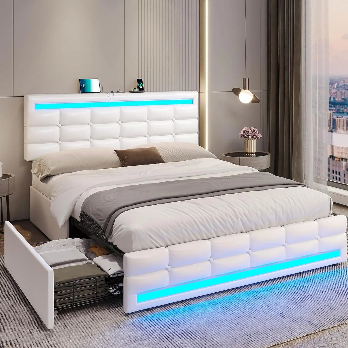 LED Bed Frame w 4 Drawers and 2 USB Charging Station, Upholstered Platform Bed Frame w LED Lights Headboard Footboard