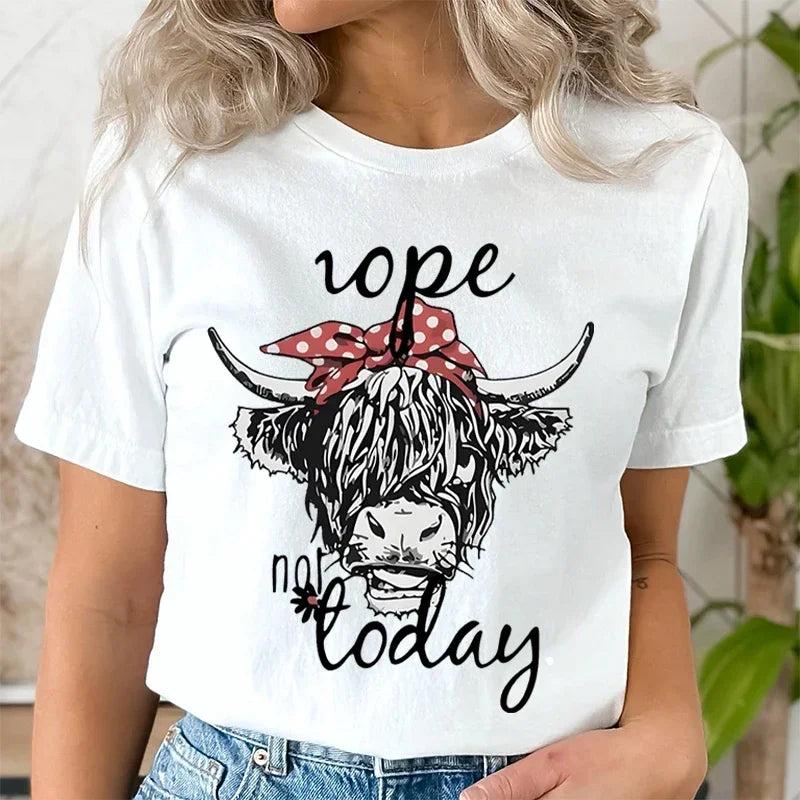 Cute Women's Funny T-Shirt with Hairy Scottish Highland Cow Graphic