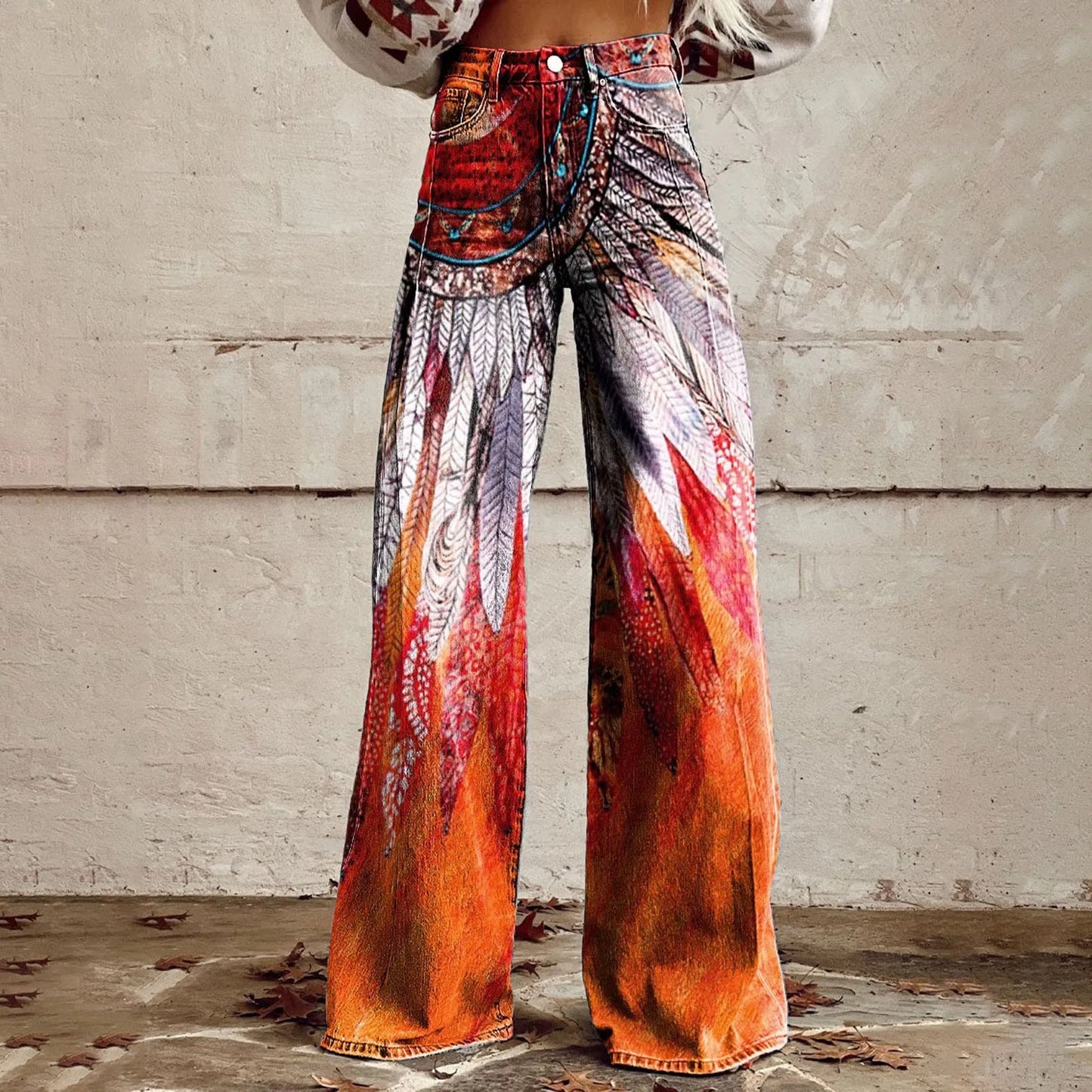 Womens Vintage Wide Leg imitation Jeans High Waisted Casual Pants 90s Floral Printed Trousers