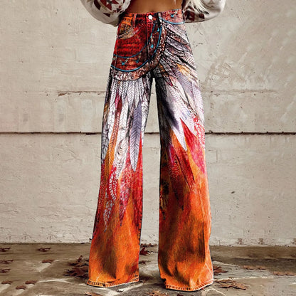 Womens Vintage Wide Leg imitation Jeans High Waisted Casual Pants 90s Floral Printed Trousers
