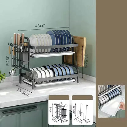 Dish Drying Rack 2-Tier Compact Kitchen Dish Rack Drainboard Set Large Rust-Proof Dish Drainer with Utensil Holder