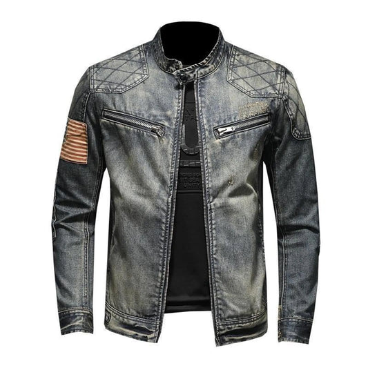 Vintage Denim Jacket With Zip Stand Up Cotton Slim Fit Denim Coat