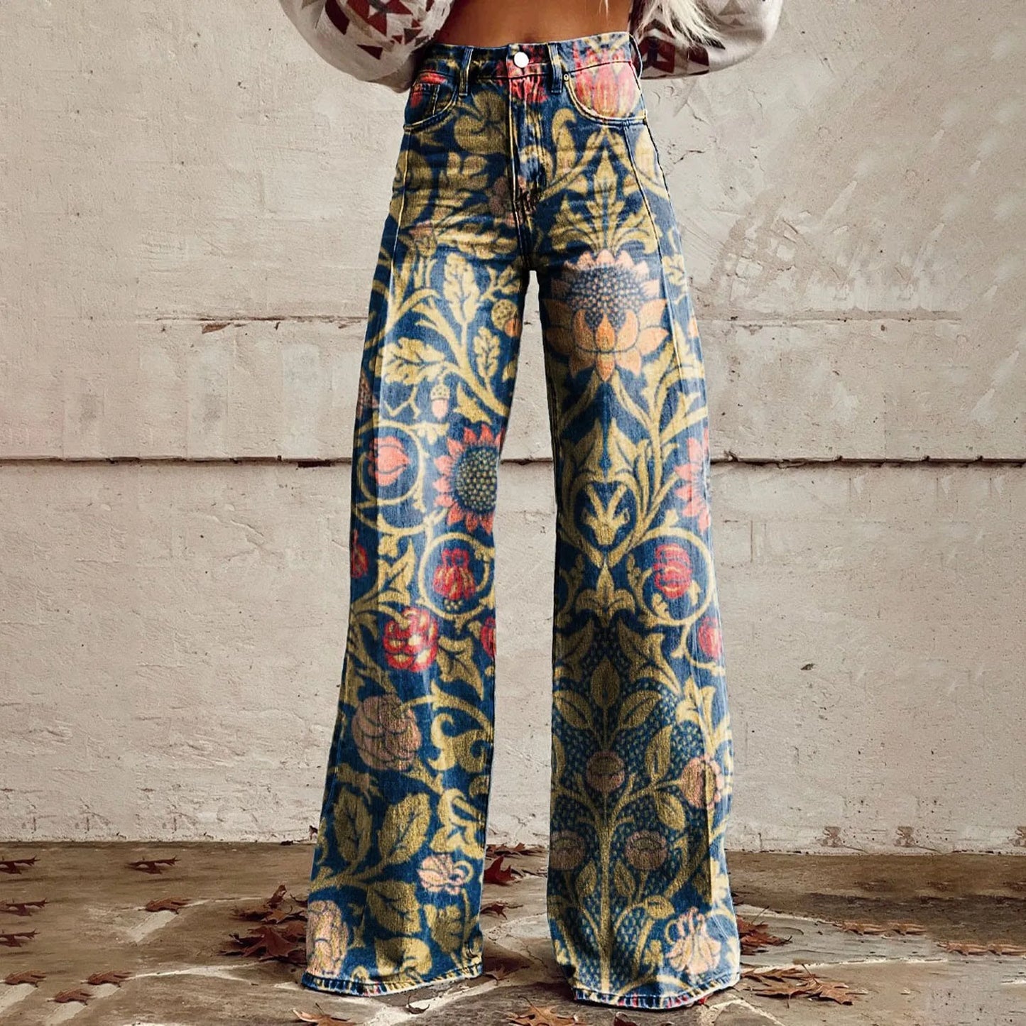Womens Vintage Wide Leg imitation Jeans High Waisted Casual Pants 90s Floral Printed Trousers
