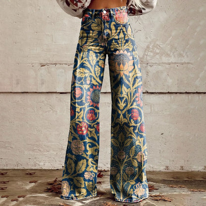 Womens Vintage Wide Leg imitation Jeans High Waisted Casual Pants 90s Floral Printed Trousers