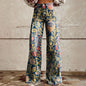 Womens Vintage Wide Leg imitation Jeans High Waisted Casual Pants 90s Floral Printed Trousers