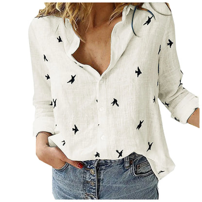 Women Fashion Cotton Linen Shirts 2025 Spring Summer Bird Printing Casual