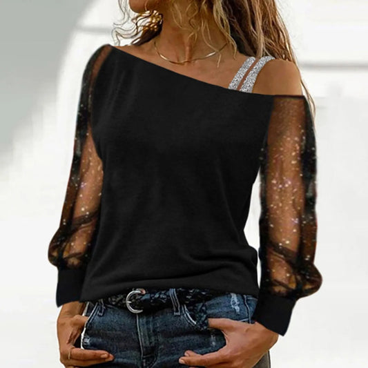 T shirt Sexy Lace Mesh Long Sleeve Tops Casual Strap Elegant Blouse