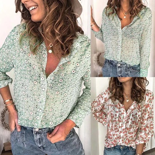 Women Floral Print V Neck Long Sleeve Blouse
