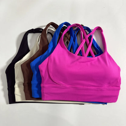 Solid Color Hot Sell Fitness Women Sport Bra Gym Yoga Vest Athletic Cross Sexy Tight Tank Top Workout Train Soft With Chest Pad