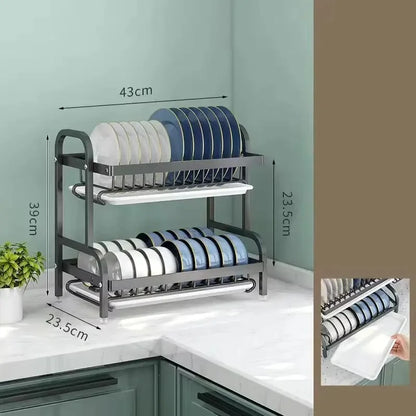 Dish Drying Rack 2-Tier Compact Kitchen Dish Rack Drainboard Set Large Rust-Proof Dish Drainer with Utensil Holder