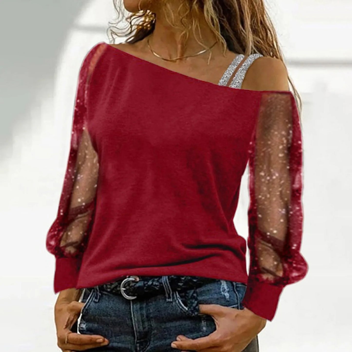 T shirt Sexy Lace Mesh Long Sleeve Tops Casual Strap Elegant Blouse