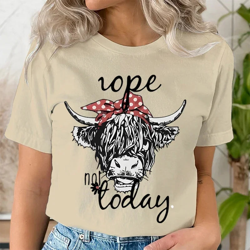 Cute Women's Funny T-Shirt with Hairy Scottish Highland Cow Graphic