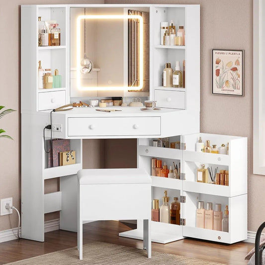 Corner Dressing Table with Light and Charging Station