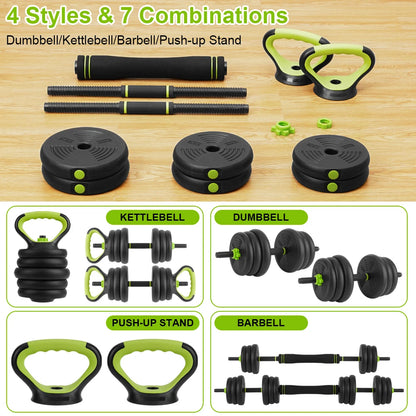 4-in-1  Dumbbells Set Barbell Kettlebells Push-Up-Stand 44 Pounds