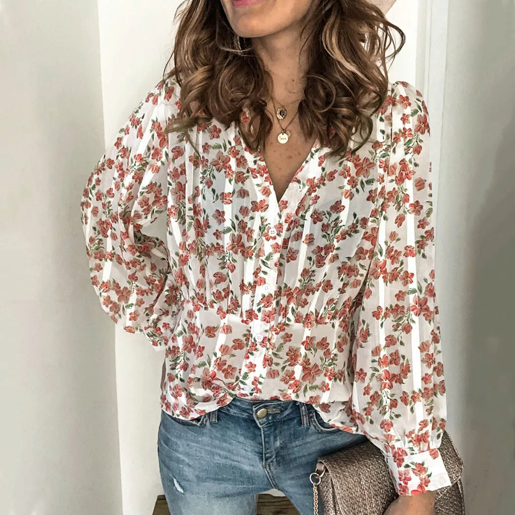 Women Floral Print V Neck Long Sleeve Blouse
