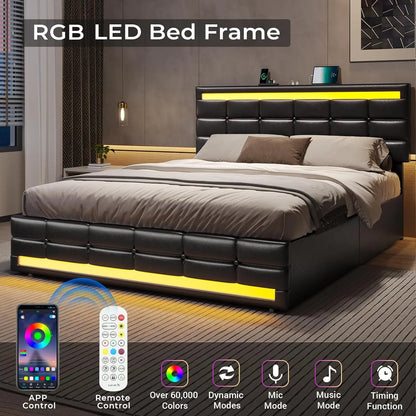 LED Bed Frame w 4 Drawers and 2 USB Charging Station, Upholstered Platform Bed Frame w LED Lights Headboard Footboard