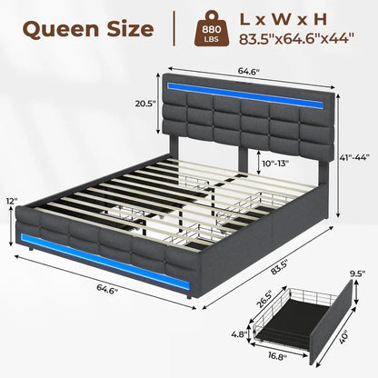 LED Bed Frame w 4 Drawers and 2 USB Charging Station, Upholstered Platform Bed Frame w LED Lights Headboard Footboard