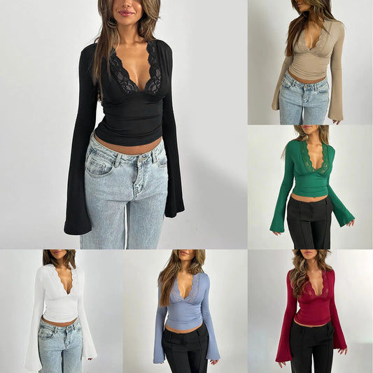 Sexy Women's Long Sleeve Slim V-Neck Splicing Lace Top
