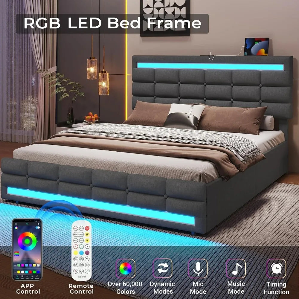 LED Bed Frame w 4 Drawers and 2 USB Charging Station, Upholstered Platform Bed Frame w LED Lights Headboard Footboard