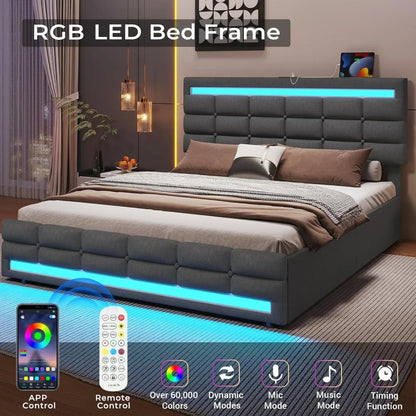 LED Bed Frame w 4 Drawers and 2 USB Charging Station, Upholstered Platform Bed Frame w LED Lights Headboard Footboard