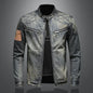 Vintage Denim Jacket With Zip Stand Up Cotton Slim Fit Denim Coat