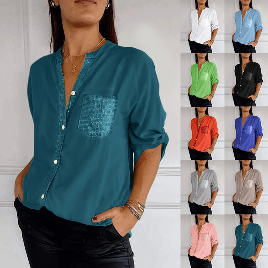 Women Casual Sequin Beaded Shirts Long Sleeve Vintage Shirt