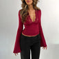 Sexy Women's Long Sleeve Slim V-Neck Splicing Lace Top