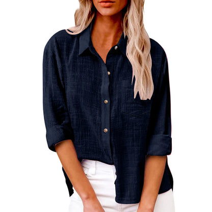 Ladies Casual Spring Summer Lapel Tie Pocket Long Sleeve Shirt