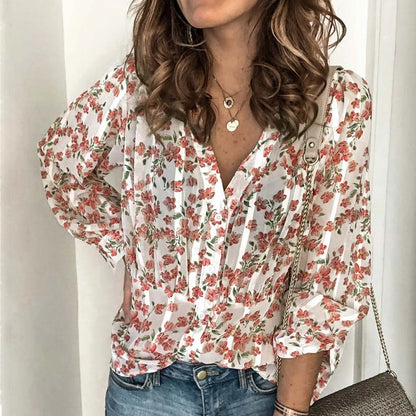 Women Floral Print V Neck Long Sleeve Blouse