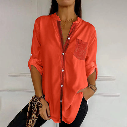 Women Casual Sequin Beaded Shirts Long Sleeve Vintage Shirt